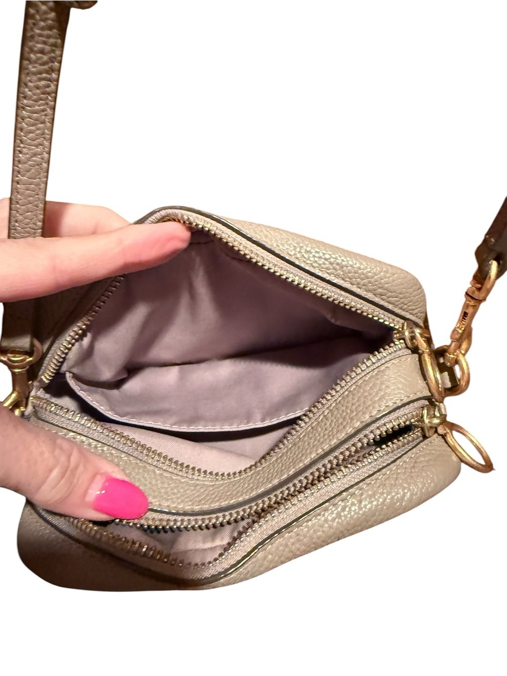Tory Burch Kira Pebbled Leather Crossbody Bag in Taupe - Picture 7 of 9